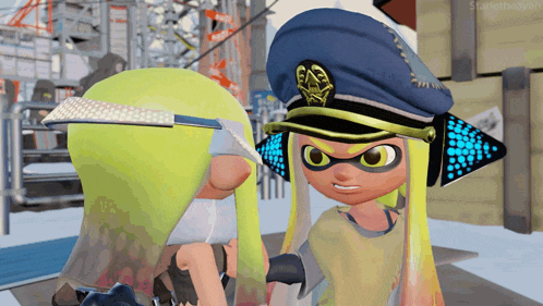 two cartoon characters are standing next to each other and one is wearing a blue hat