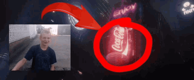 a picture of a boy next to a coca cola can