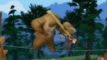 a cartoon bear is walking on a tightrope in the woods