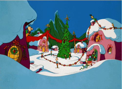 a cartoon of a christmas village with a christmas tree