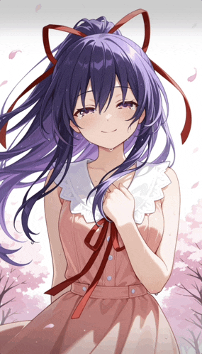 a girl with purple hair and a red ribbon in her hair