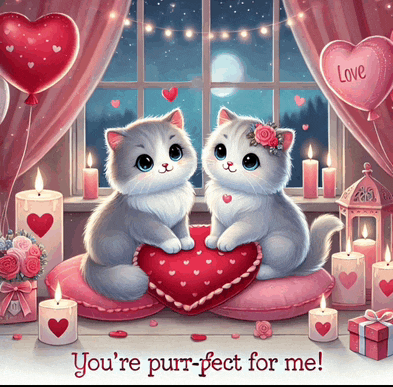 a valentine 's day card with two cats holding hearts and the words you 're purrfect for me