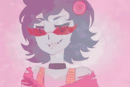 a cartoon drawing of a girl with glasses and a shirt with the letter m on it