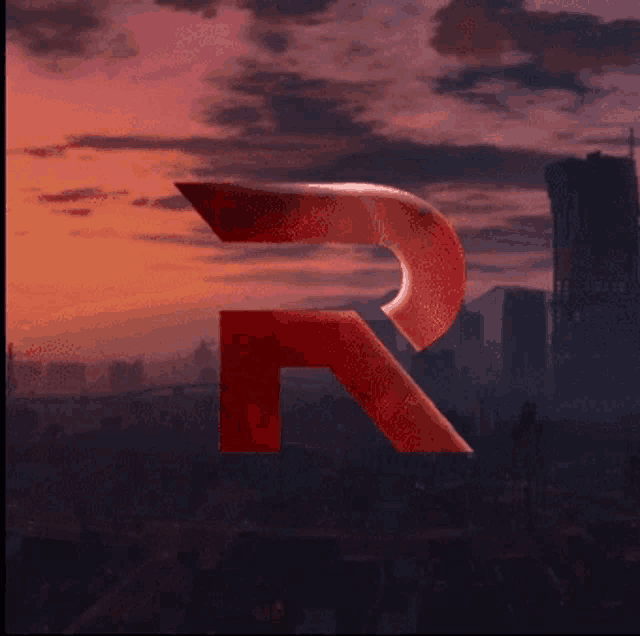 a red letter r in front of a city skyline at sunset