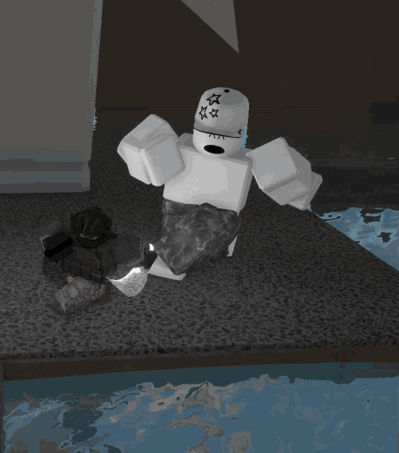 a robot wearing a white hat with three stars on it