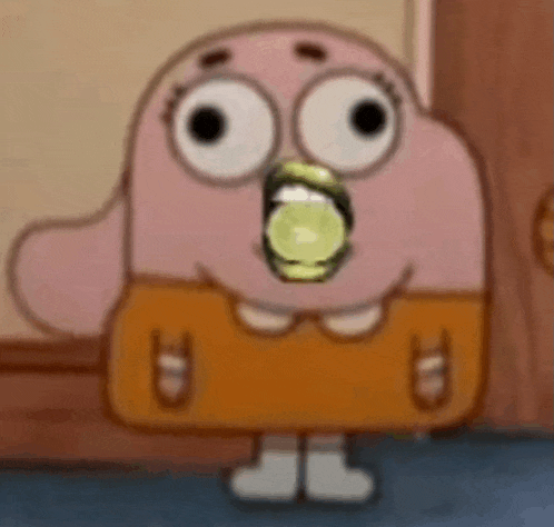 a cartoon character from the amazing world of gumball is blowing a bubble .