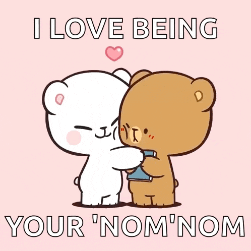 a couple of teddy bears hugging each other with the words " i love being your nom nom " on the bottom