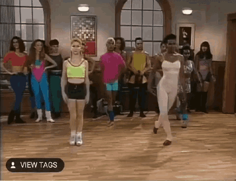 a group of people are dancing in a room with a view tags icon