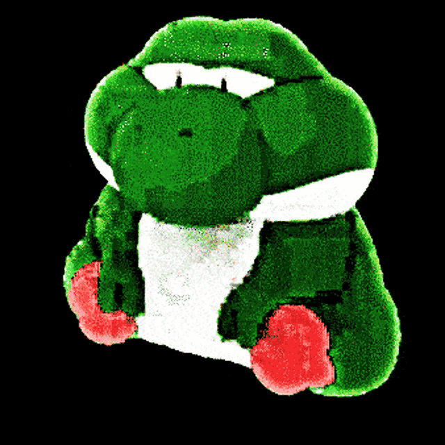 a green and white stuffed animal with red feet is sitting on a black background