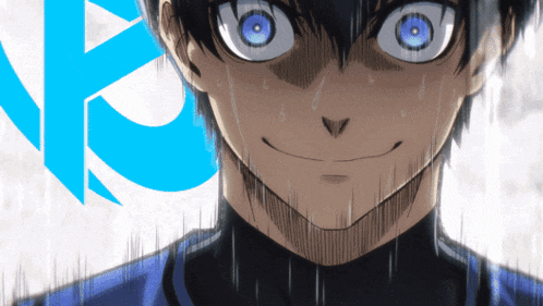 a close up of a person 's face with a blue r in the background