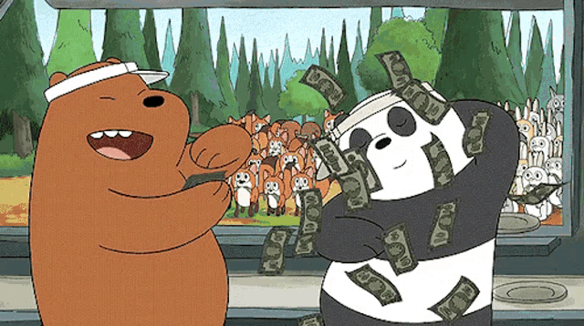 a cartoon of a panda and a brown bear with a lot of money on them