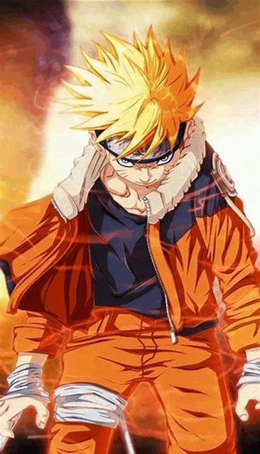 naruto is standing in front of a fire with a sword .