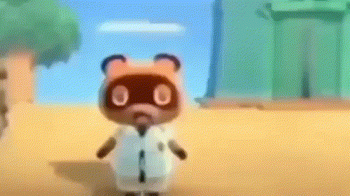 tom nook from animal crossing new horizons is wearing a lab coat and standing on a sandy beach .