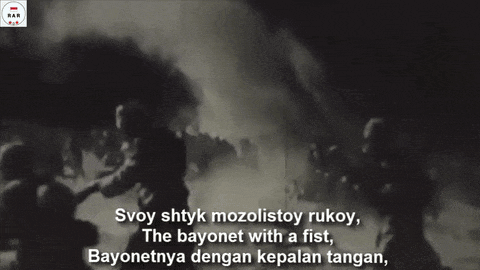 a black and white image of a battle scene with the words svoy shtyk mozolistoy rukoy the bayonet with a fist