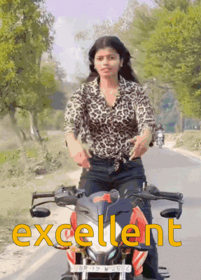 a woman is riding a motorcycle on a road and the word excellent is on the bottom