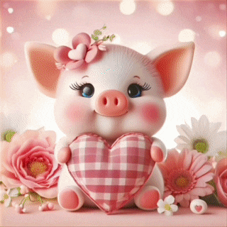 a pig with a flower on its head is holding a pink checkered heart