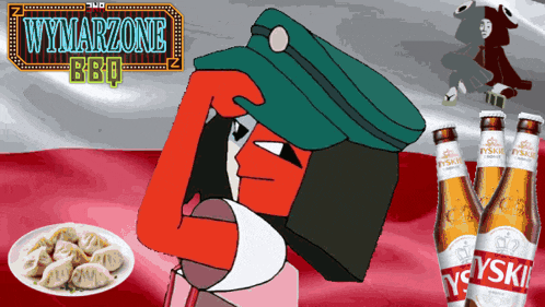 an advertisement for wymarzone bbq shows a man in a military hat