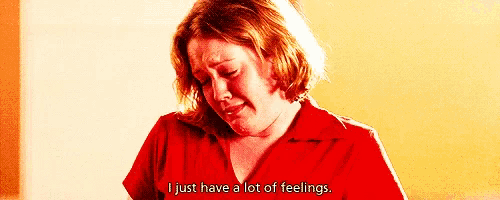 a woman is crying and saying `` i just have a lot of feelings '' .