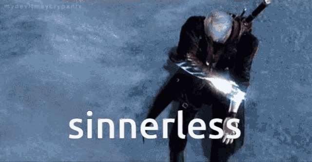 a video game character is holding a sword and the word sinerless is visible