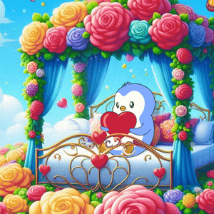 a penguin is holding a heart in a bed with roses
