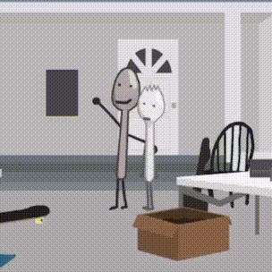 a couple of stick figures standing next to each other in a room .