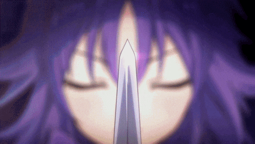 a close up of a person holding a sword in front of their face with purple hair .