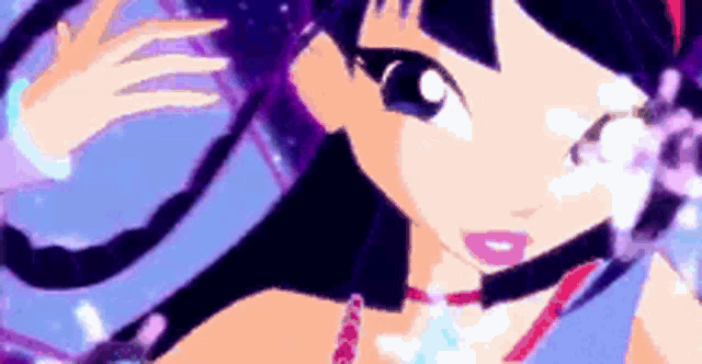 a close up of a cartoon character 's face with purple hair