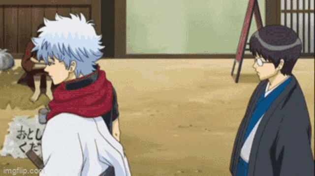 a couple of anime characters are standing next to each other on a dirt field .