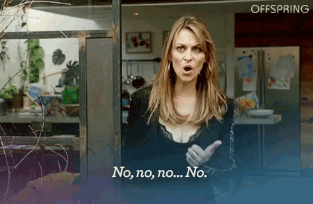 a woman in a black lace top says " no no no no "