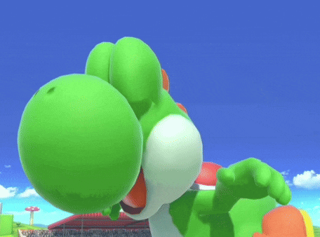 a video game character named yoshi is flying in the air