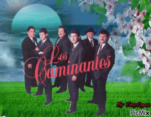 a group of men in suits and ties are standing in a field with the words los caminantes in red