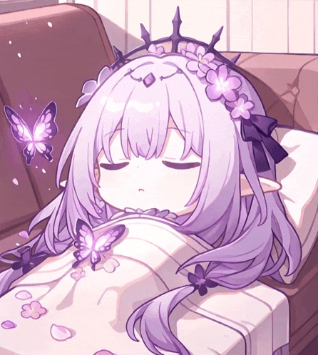 a little girl with purple hair is sleeping on a bed