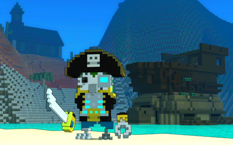 a pixel art of a pirate holding a sword in front of a shipwreck