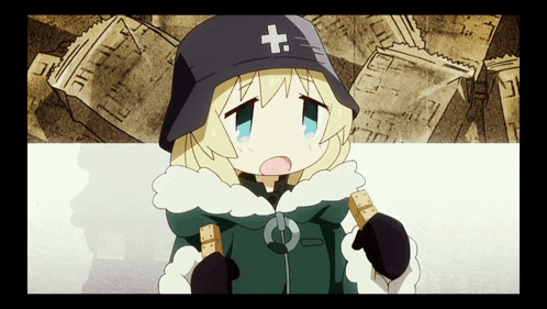 a cartoon character with a cross on her hat