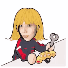 a cartoon girl is holding a wrench and a toy car .