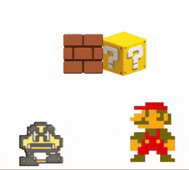 a pixel art of mario and a brick with a question mark