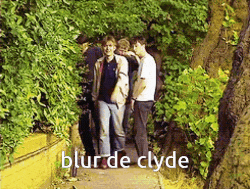a group of young men walking down a sidewalk with the words blur de clyde written on the bottom