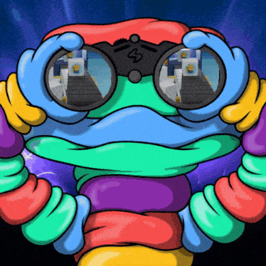 a cartoon of a frog looking through binoculars with the letter s on the lens