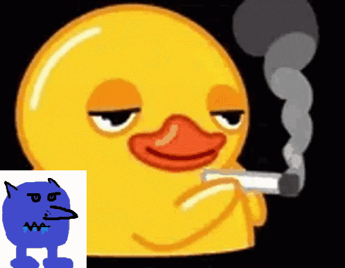 a duck smoking a cigarette next to a drawing of a blue monster