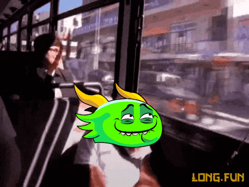 a cartoon of a green monster on a bus with the words long fun on the bottom