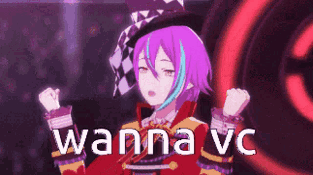 a cartoon character with purple hair and a hat is dancing with the words wanna vc on the bottom .