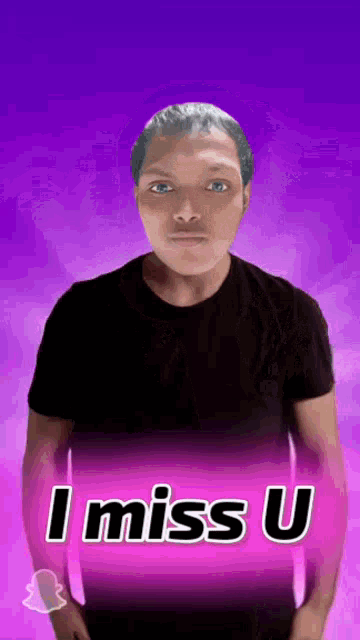 a man in a black shirt is standing in front of a purple background that says " i miss u "
