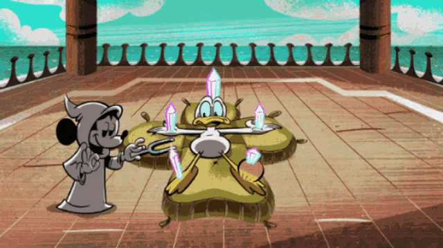 a cartoon of mickey mouse and a duck with crystals in their mouths