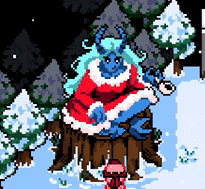a pixel art illustration of a demon dressed as santa claus sitting on a tree stump