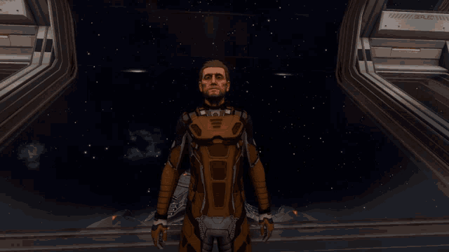 a man in a space suit is standing in a room with a sign that says " fuel " on it