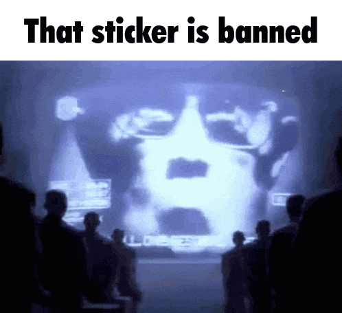 a group of people looking at a screen that says " that sticker is banned "