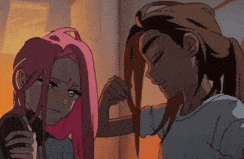 a cartoon drawing of a girl with pink hair