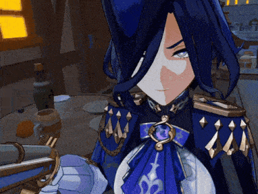 a cartoon character with long blue hair is wearing a blue jacket