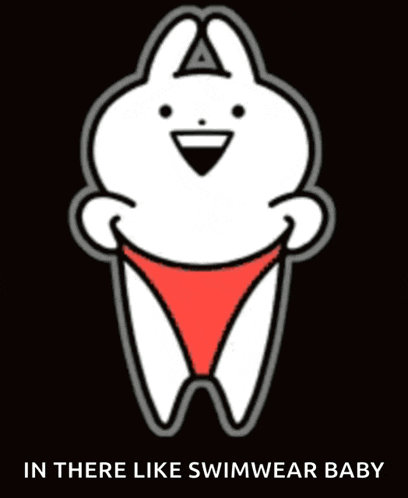 a cartoon of a rabbit wearing a red bikini with the words in there like swimsuit baby below it