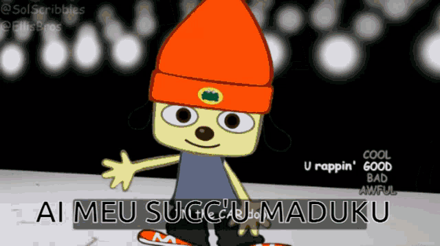 a cartoon character with an orange hat says ai meu sugoi maduku